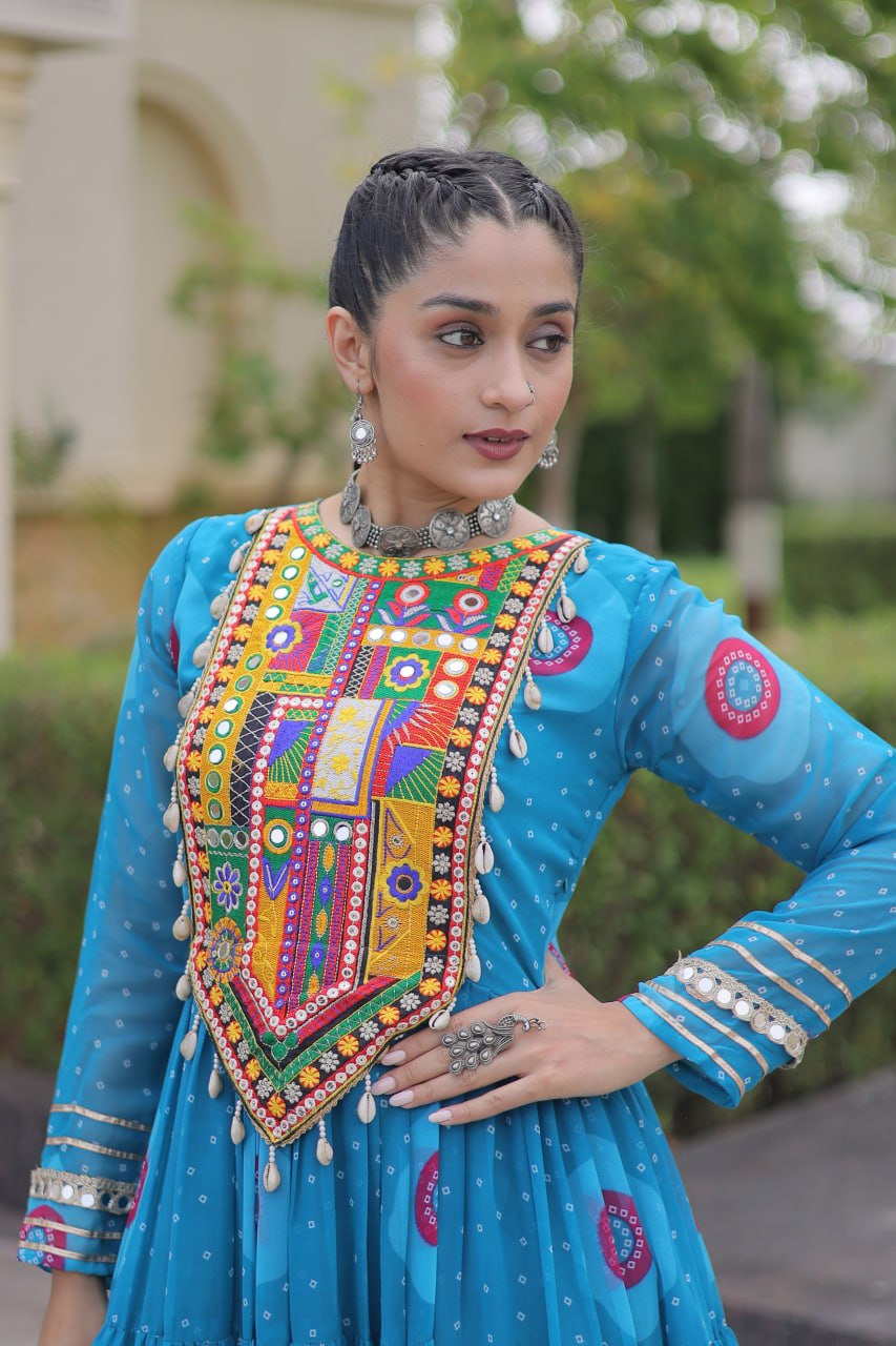 Women’s Bandhani Print Faux Georgette Gown with Kutchi Patchwork SurMira Fashion