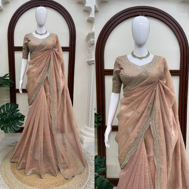 Women’s Tissue Salsa Crush Saree with Thread & Sequence Embroidery Work SurMira Fashion