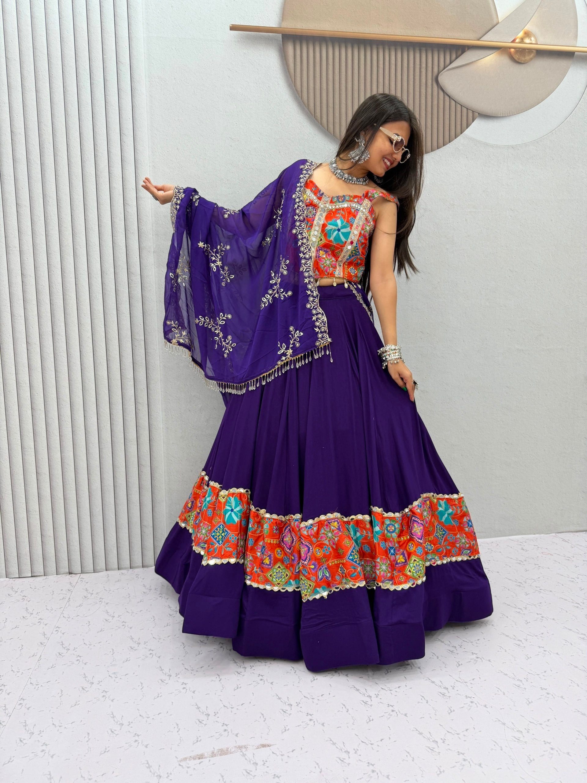 Women’s Silk Mirror Work Choli with Cotton Lehenga & Embroidered Georgette Dupatta