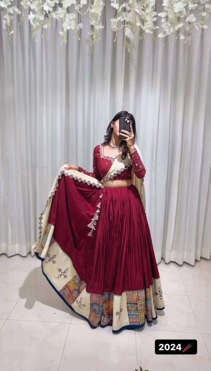 Women’s Rayon Semi-Stitched Lehenga Choli with Digital Print & Real Mirror Work