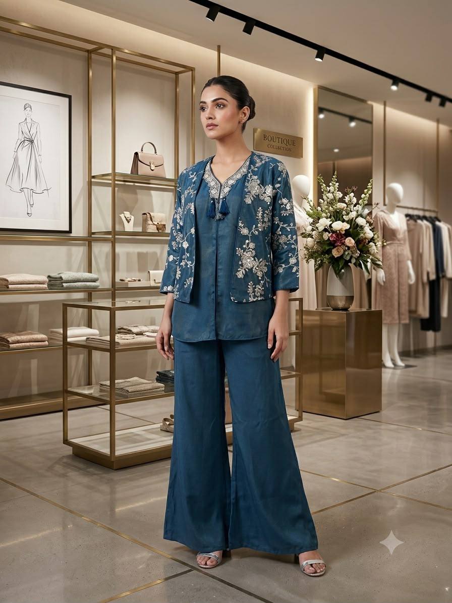Women’s Fendy Kurti Palazzo Set with Beads, Sequence Embroidery & Cut Work
