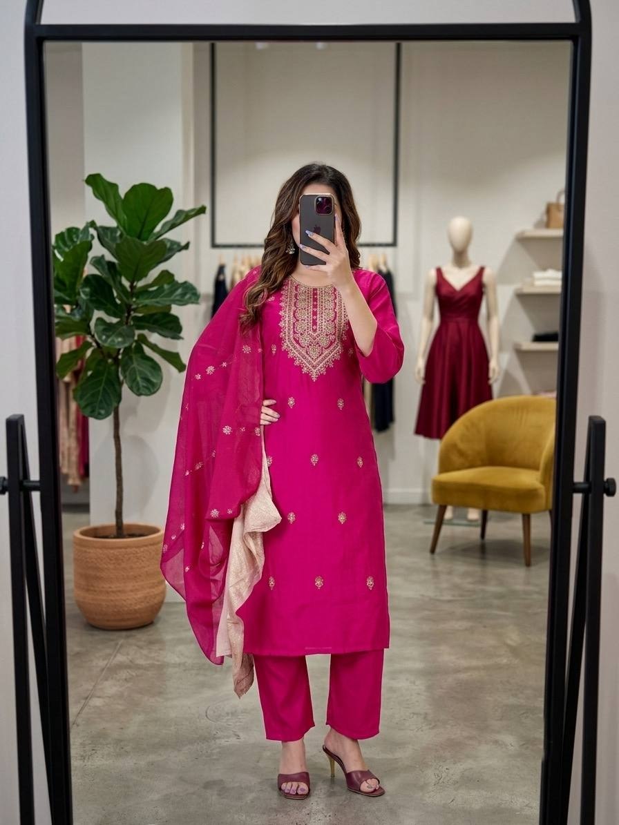 Designer Roman Silk Embroidered Kurta Pant Set for Women