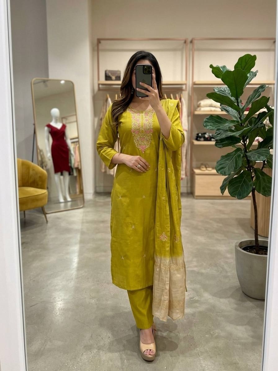 Women’s Roman Silk Embroidered Kurta Pant Set with Pocket
