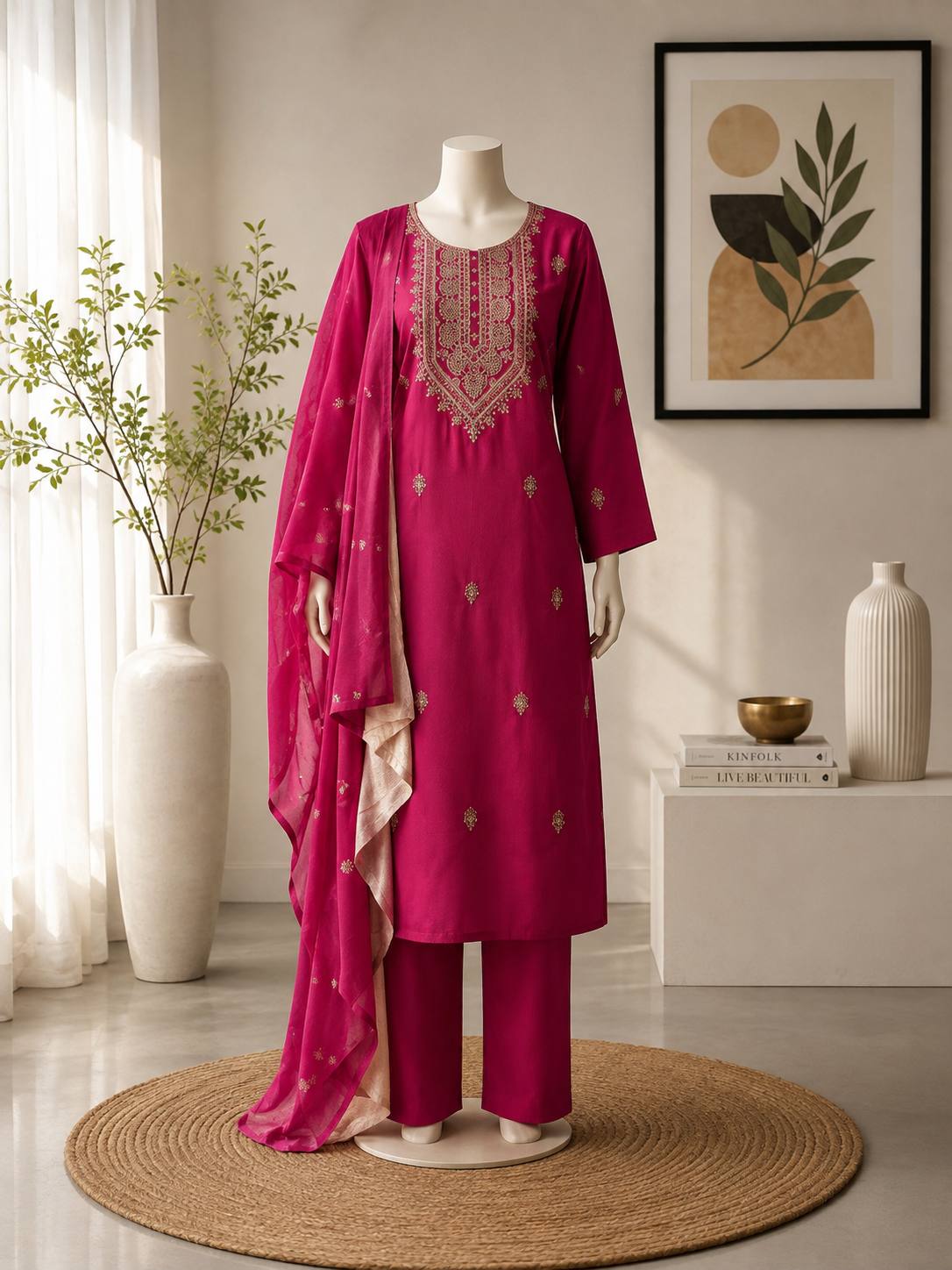 Designer Roman Silk Embroidered Kurta Pant Set for Women