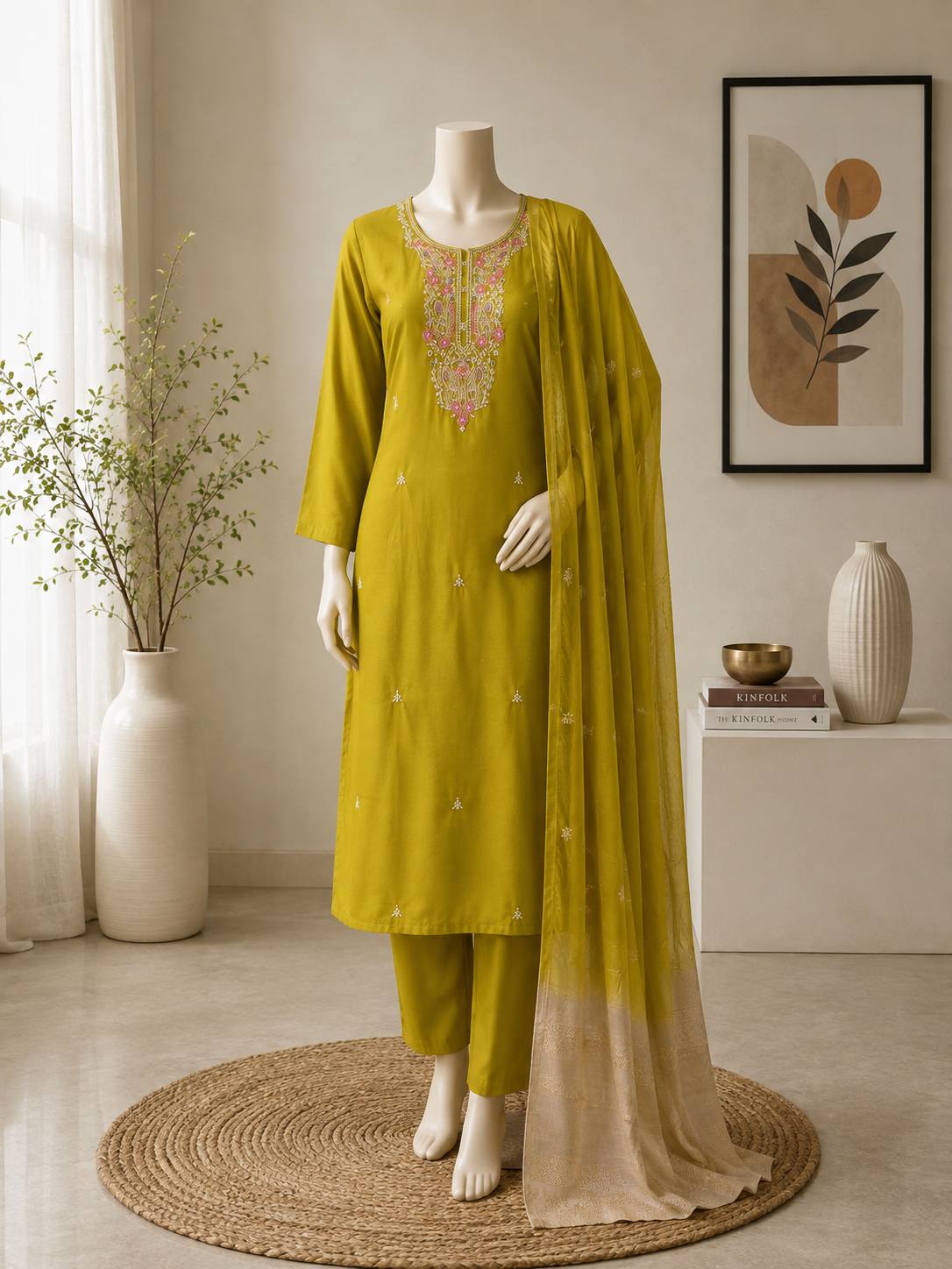 Women’s Roman Silk Embroidered Kurta Pant Set with Pocket