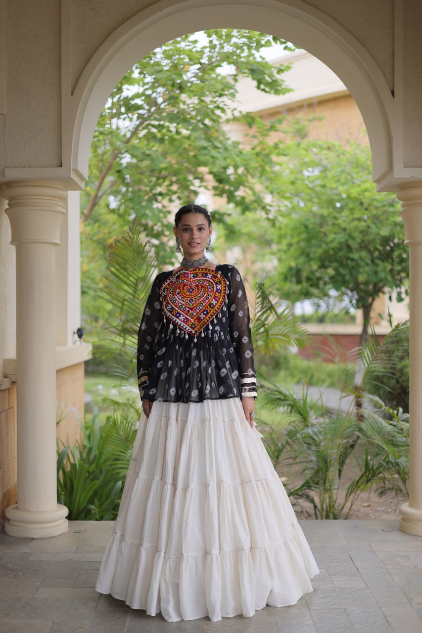 Women’s Kora Cotton Lehenga with Bandhani Print & Kutchi Gamthi Work Top