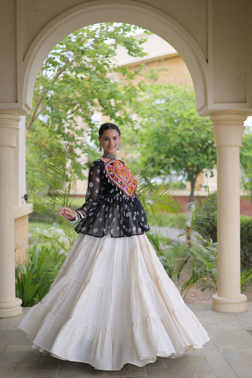 Women’s Kora Cotton Lehenga with Bandhani Print & Kutchi Gamthi Work Top