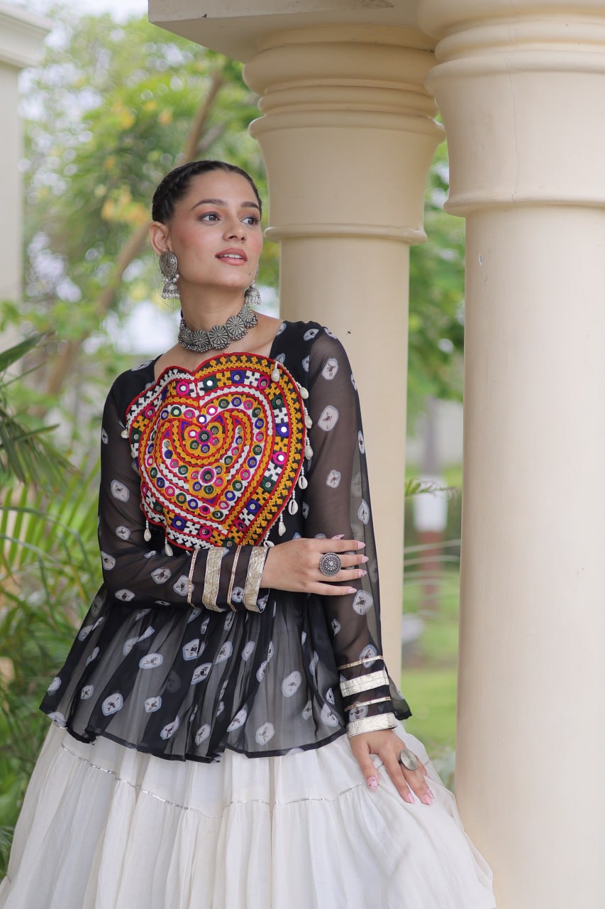 Women’s Kora Cotton Lehenga with Bandhani Print & Kutchi Gamthi Work Top
