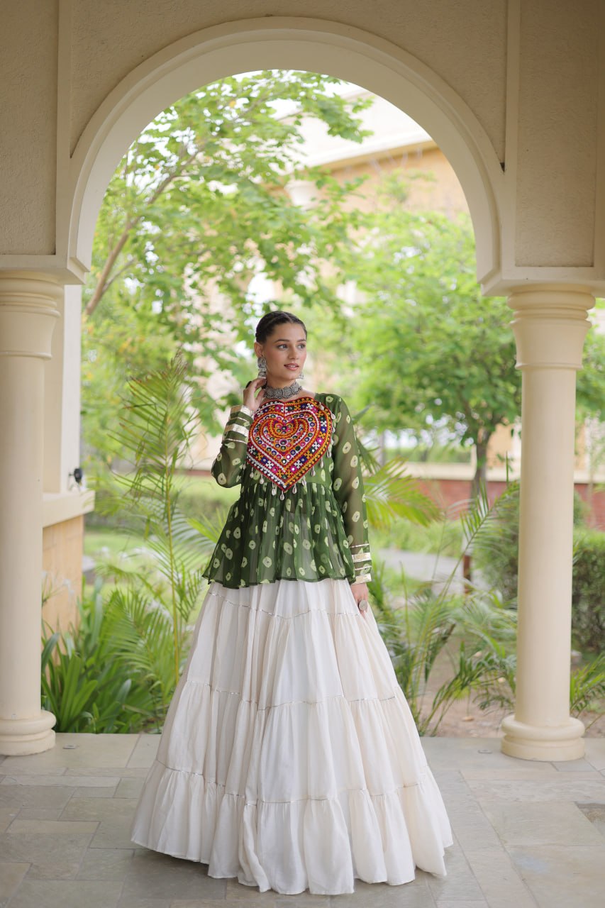 Women’s Kora Cotton Lehenga with Bandhani Print & Kutchi Gamthi Work Top