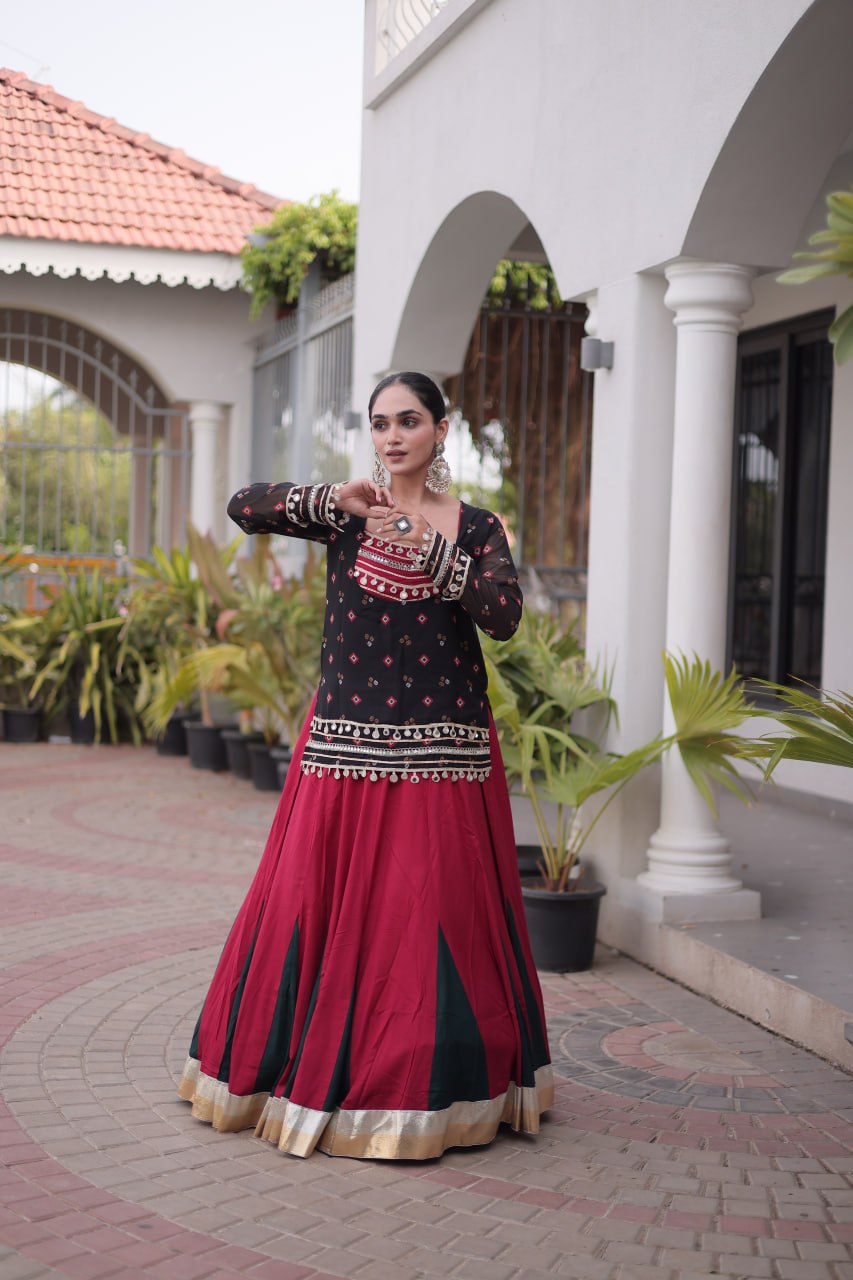 Women’s Rayon Lehenga Set with Kutchi Gamthi Blouse & Bandhani Print Jacket