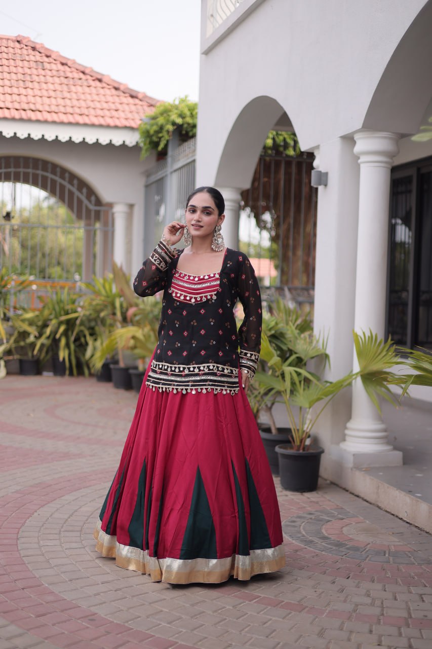 Women’s Rayon Lehenga Set with Kutchi Gamthi Blouse & Bandhani Print Jacket