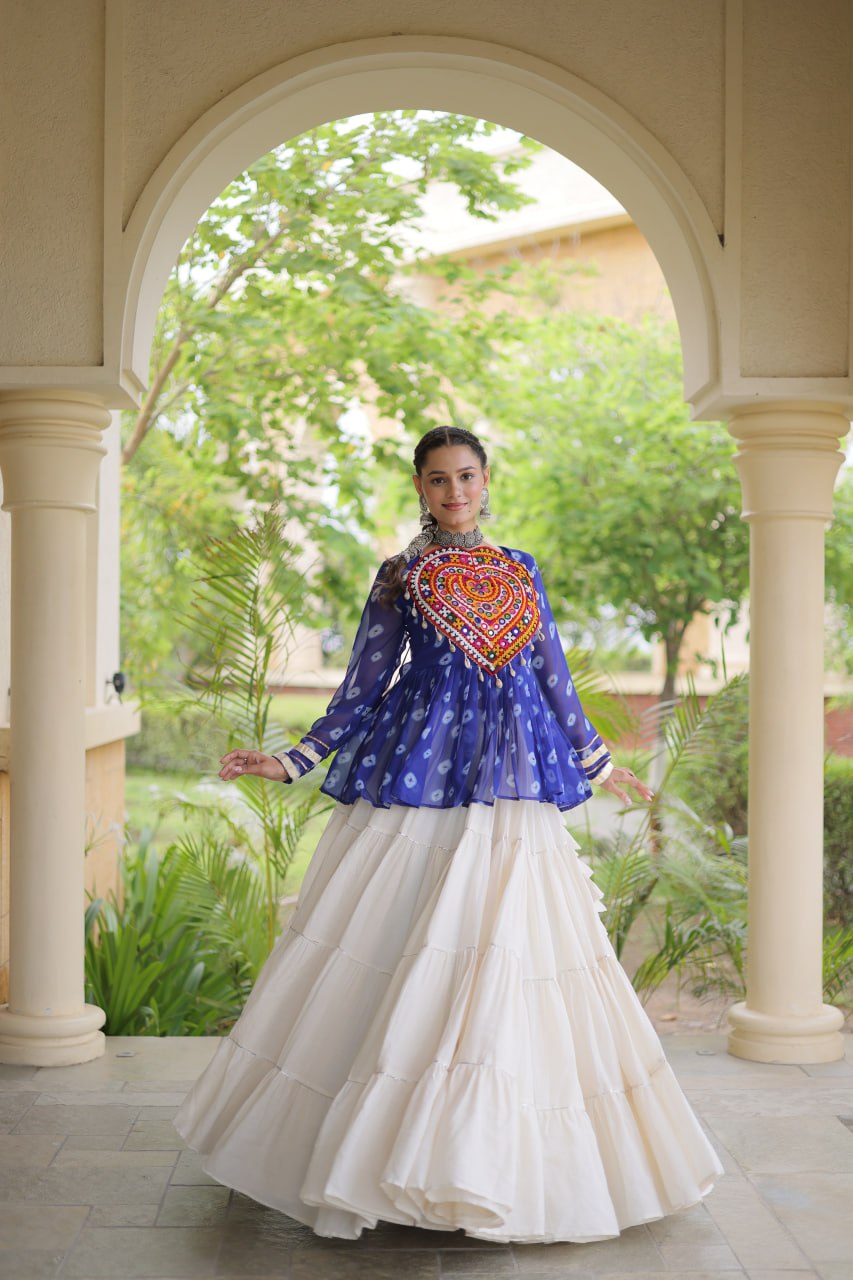 Women’s Kora Cotton Lehenga with Bandhani Print & Kutchi Gamthi Work Top