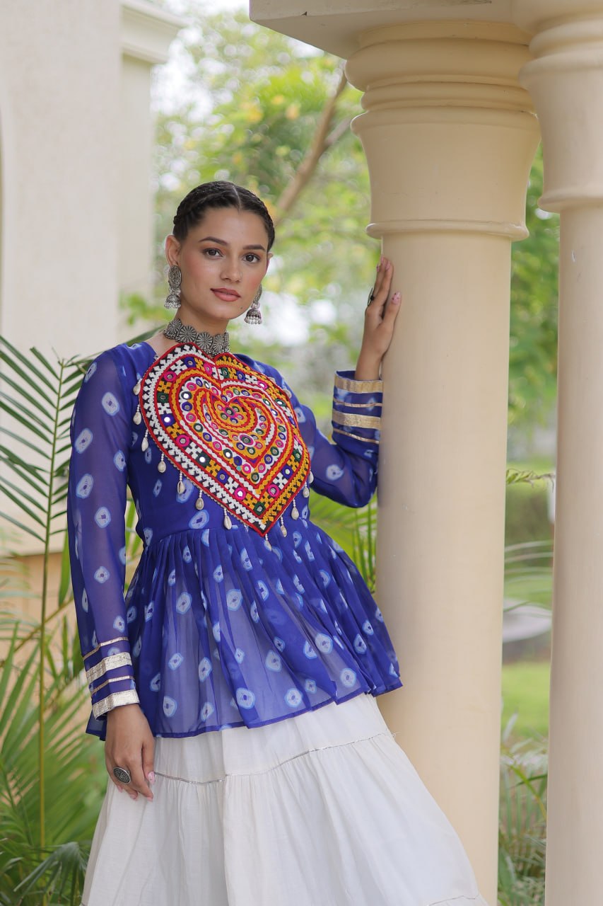Women’s Kora Cotton Lehenga with Bandhani Print & Kutchi Gamthi Work Top