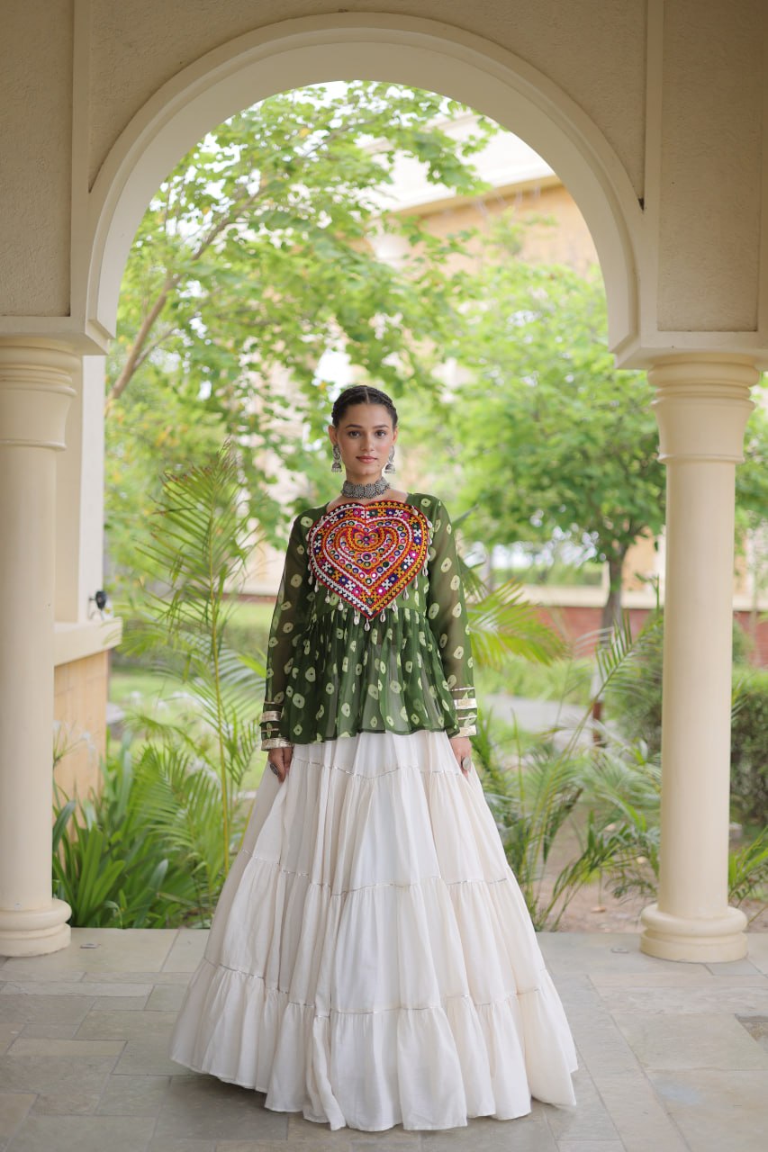 Women’s Kora Cotton Lehenga with Bandhani Print & Kutchi Gamthi Work Top