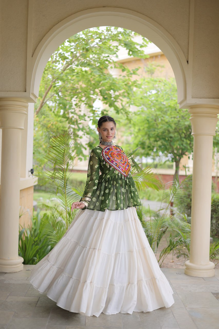 Women’s Kora Cotton Lehenga with Bandhani Print & Kutchi Gamthi Work Top