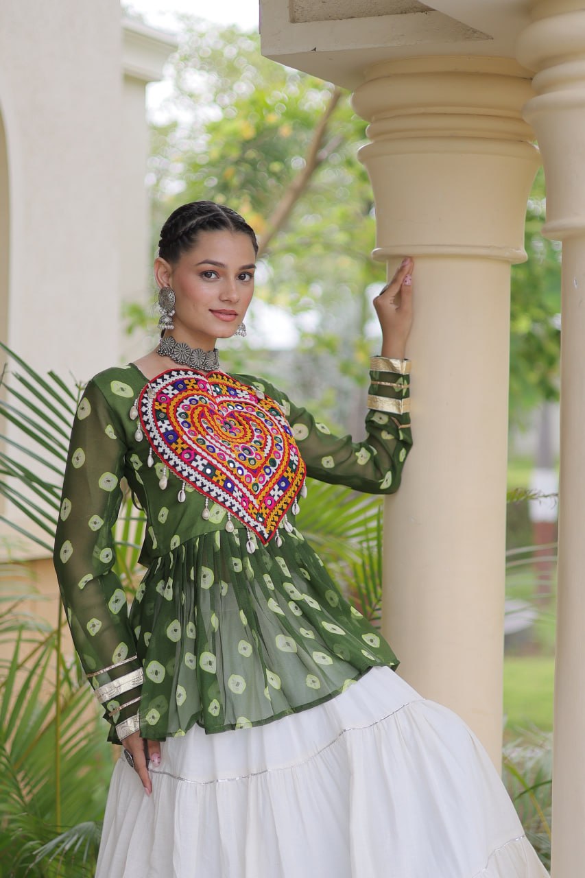 Women’s Kora Cotton Lehenga with Bandhani Print & Kutchi Gamthi Work Top