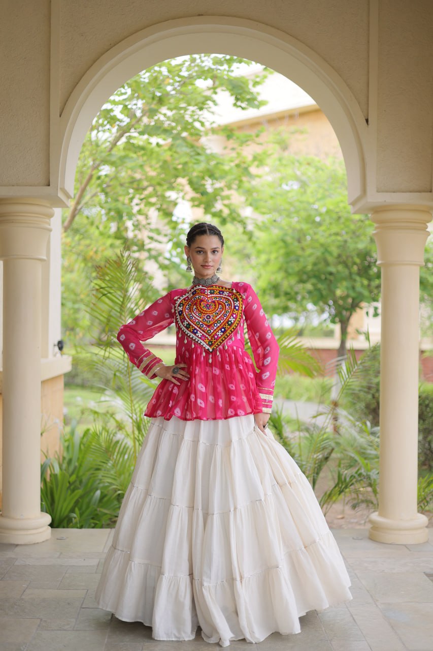Women’s Kora Cotton Lehenga with Bandhani Print & Kutchi Gamthi Work Top