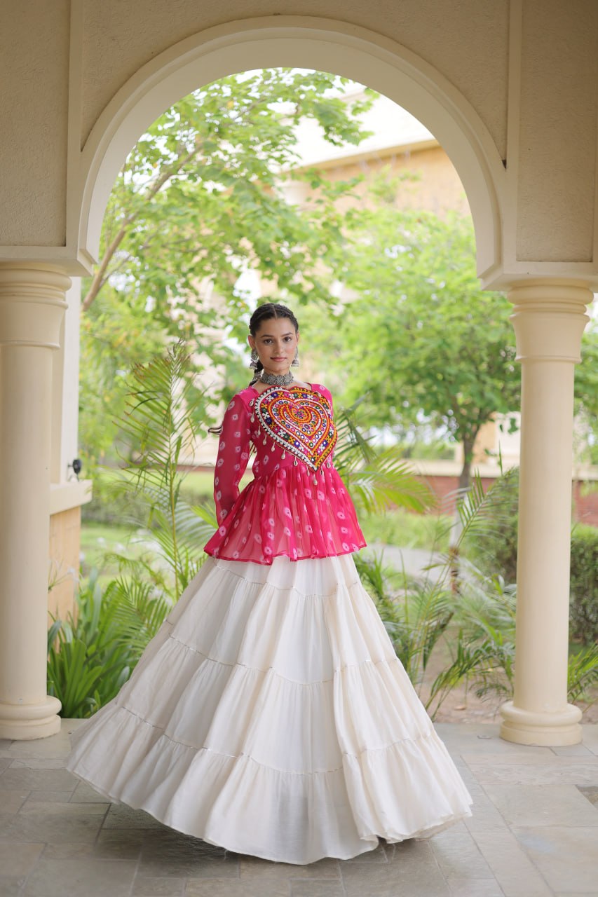 Women’s Kora Cotton Lehenga with Bandhani Print & Kutchi Gamthi Work Top