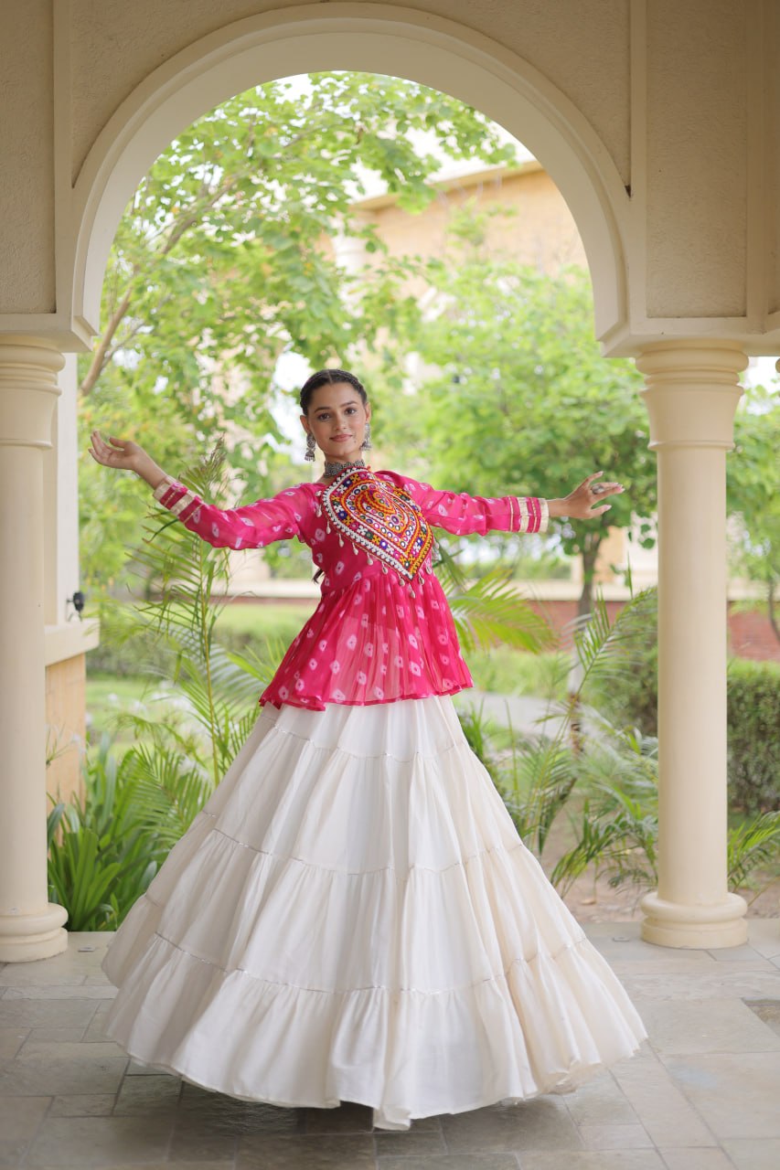 Women’s Kora Cotton Lehenga with Bandhani Print & Kutchi Gamthi Work Top
