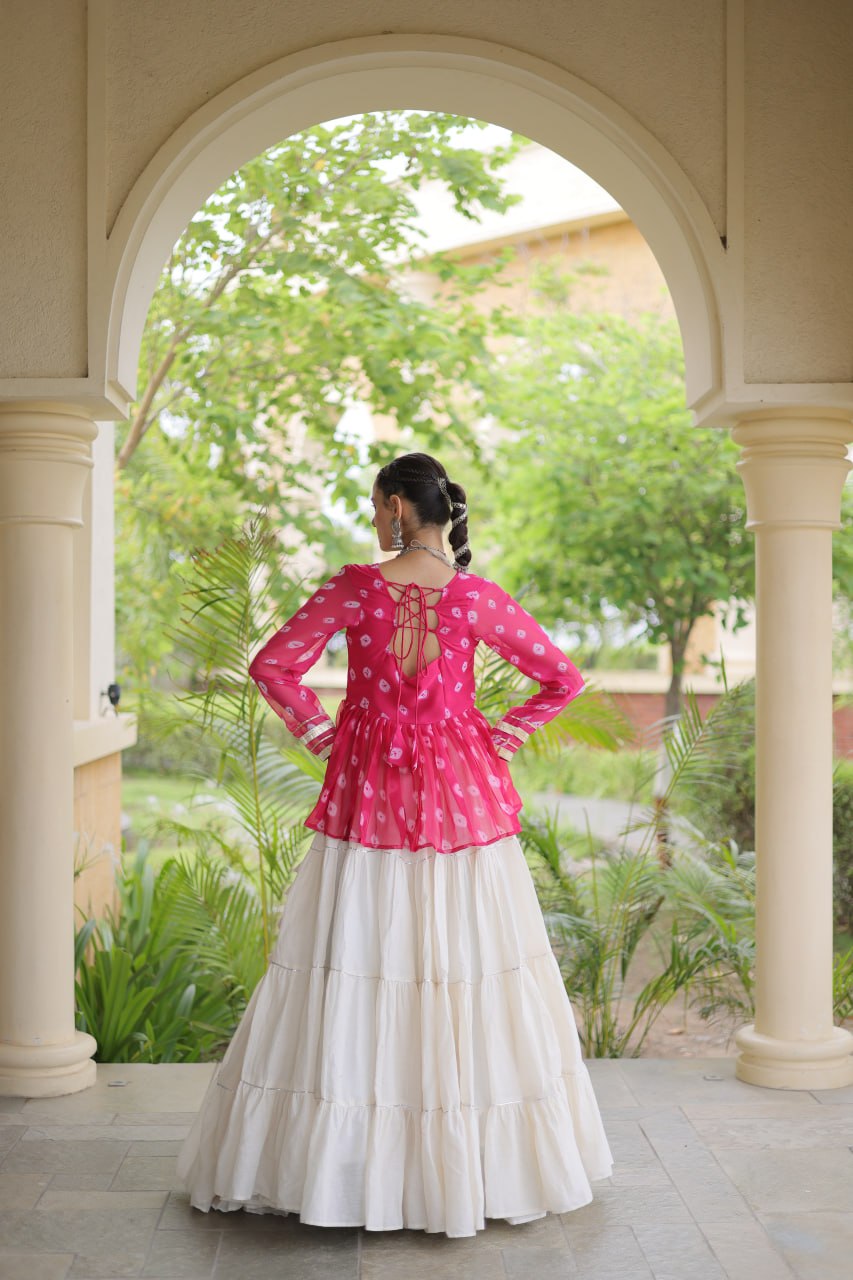 Women’s Kora Cotton Lehenga with Bandhani Print & Kutchi Gamthi Work Top