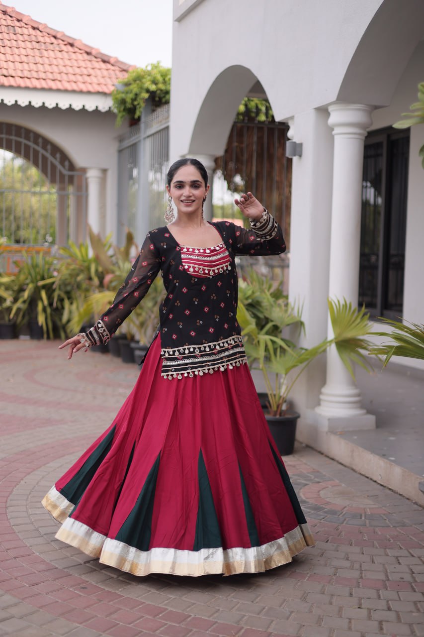 Women’s Rayon Lehenga Set with Kutchi Gamthi Blouse & Bandhani Print Jacket