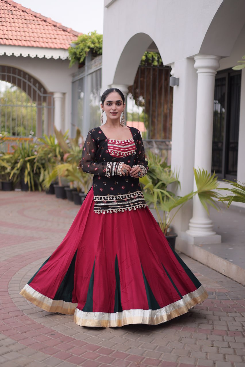 Women’s Rayon Lehenga Set with Kutchi Gamthi Blouse & Bandhani Print Jacket