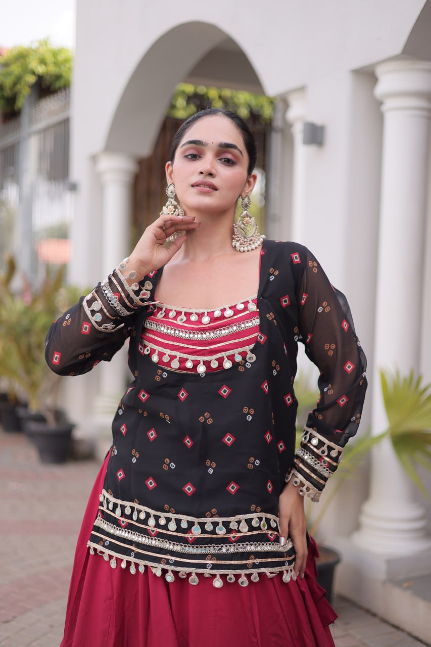 Women’s Rayon Lehenga Set with Kutchi Gamthi Blouse & Bandhani Print Jacket