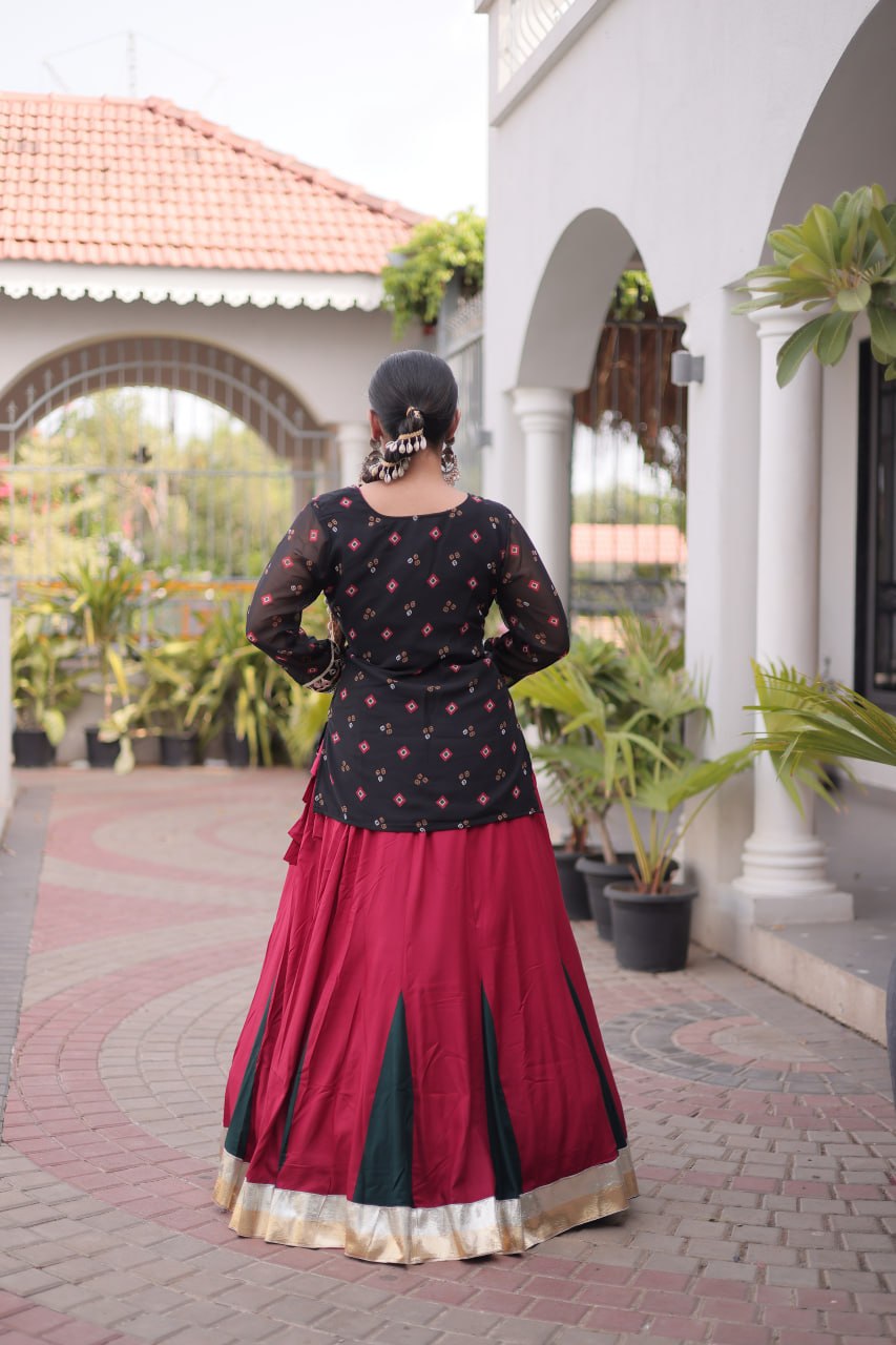 Women’s Rayon Lehenga Set with Kutchi Gamthi Blouse & Bandhani Print Jacket