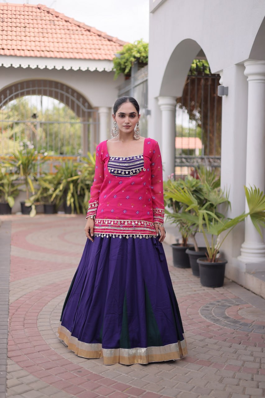 Women’s Rayon Lehenga Set with Kutchi Gamthi Blouse & Bandhani Print Jacket