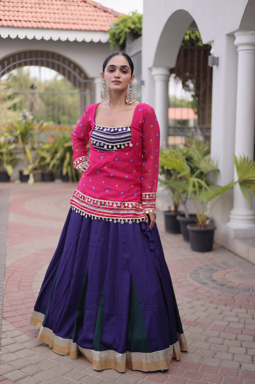 Women’s Rayon Lehenga Set with Kutchi Gamthi Blouse & Bandhani Print Jacket
