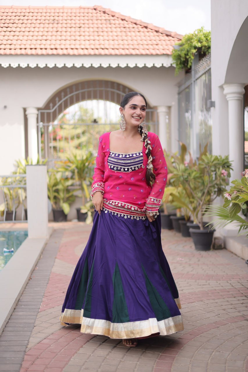 Women’s Rayon Lehenga Set with Kutchi Gamthi Blouse & Bandhani Print Jacket