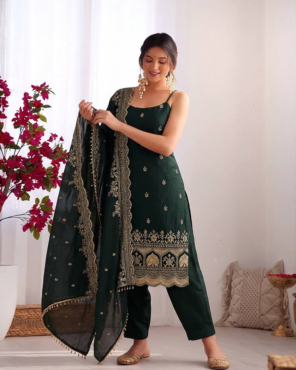 Women’s Fendy Silk Anarkali Suit Set with Thread & Sequence Work