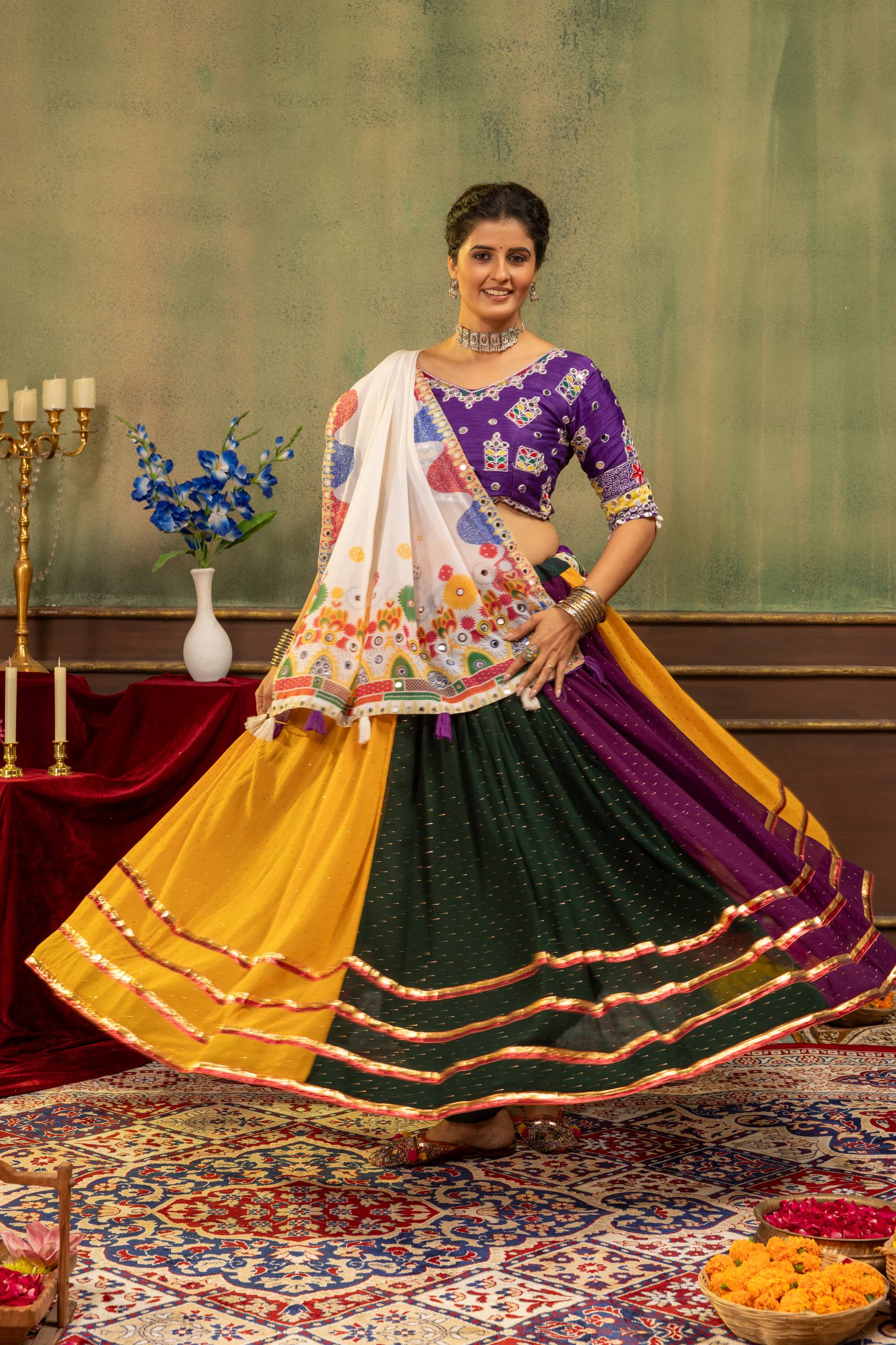 Women’s Faux Georgette Lehenga with Hot Fix Diamond, Mirror Work & Designer Dupatta