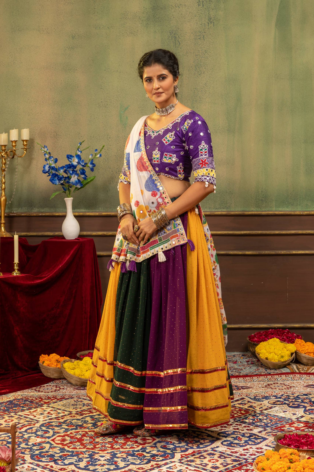 Women’s Faux Georgette Lehenga with Hot Fix Diamond, Mirror Work & Designer Dupatta