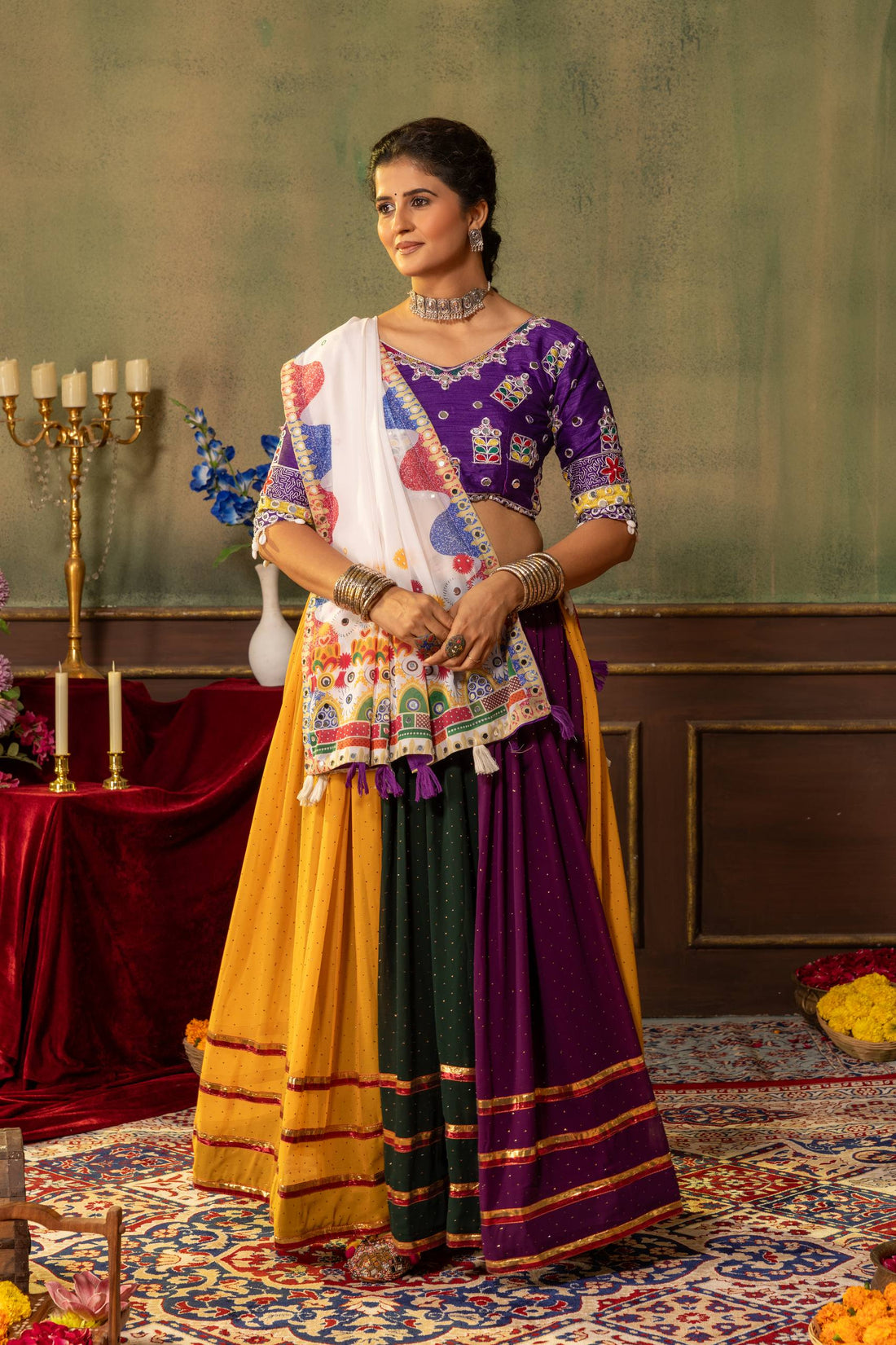 Women’s Faux Georgette Lehenga with Hot Fix Diamond, Mirror Work & Designer Dupatta