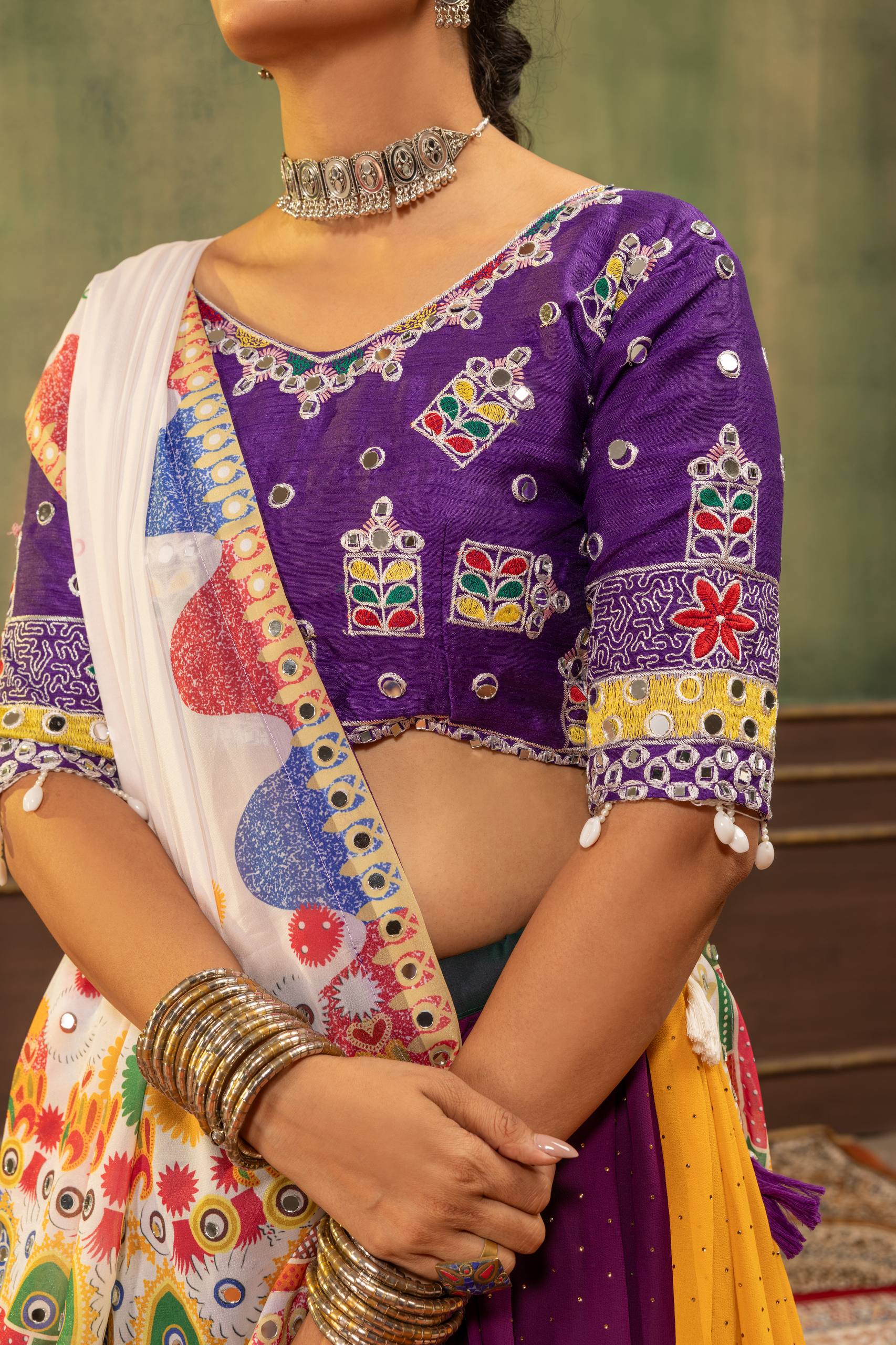 Women’s Faux Georgette Lehenga with Hot Fix Diamond, Mirror Work & Designer Dupatta