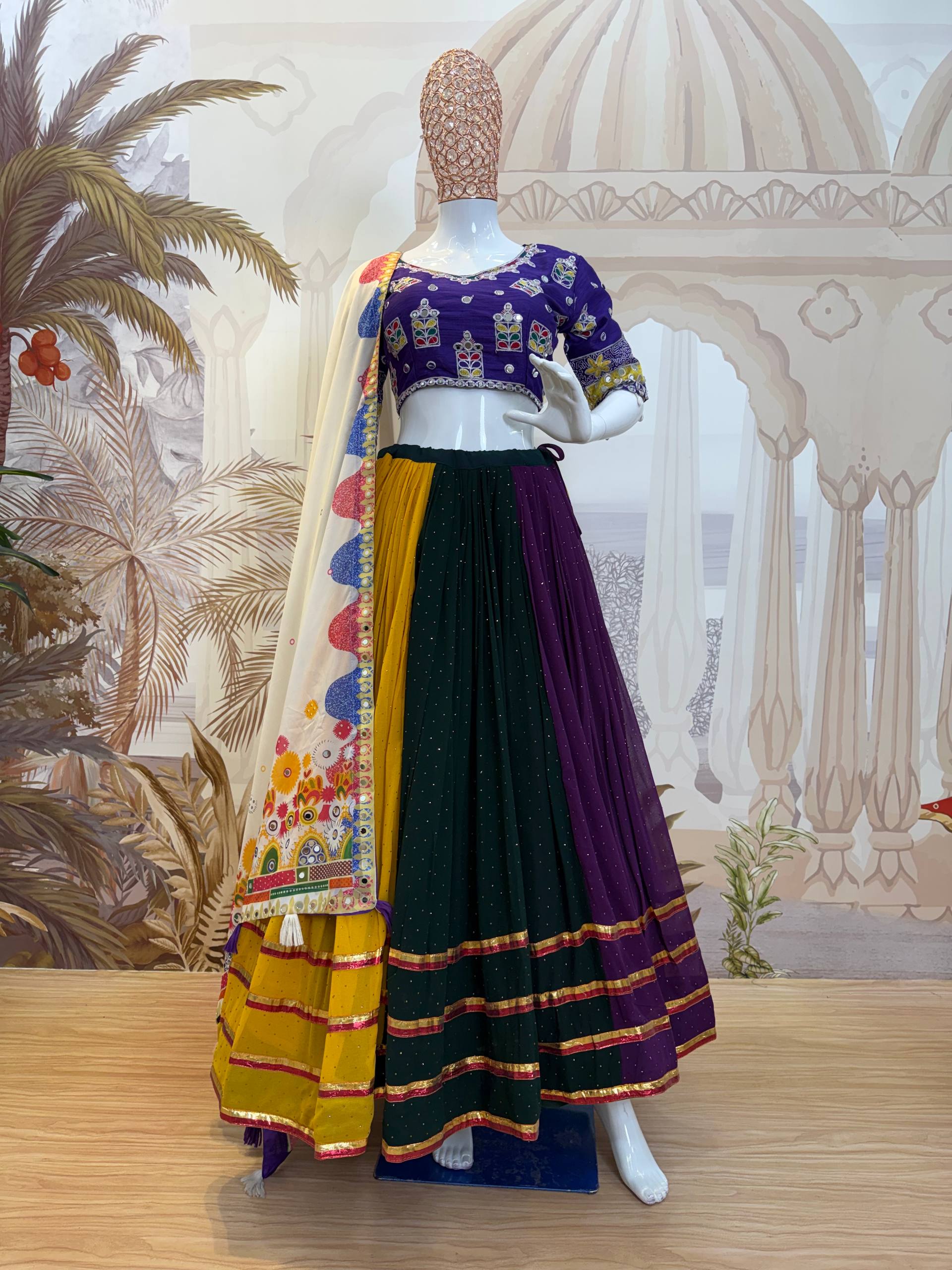 Women’s Faux Georgette Lehenga with Hot Fix Diamond, Mirror Work & Designer Dupatta