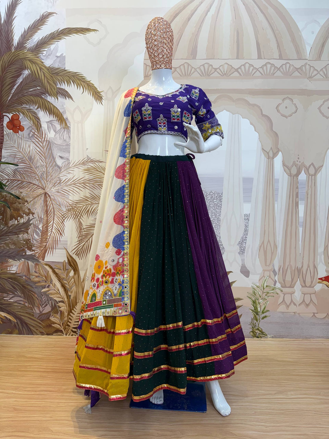 Women’s Faux Georgette Lehenga with Hot Fix Diamond, Mirror Work & Designer Dupatta