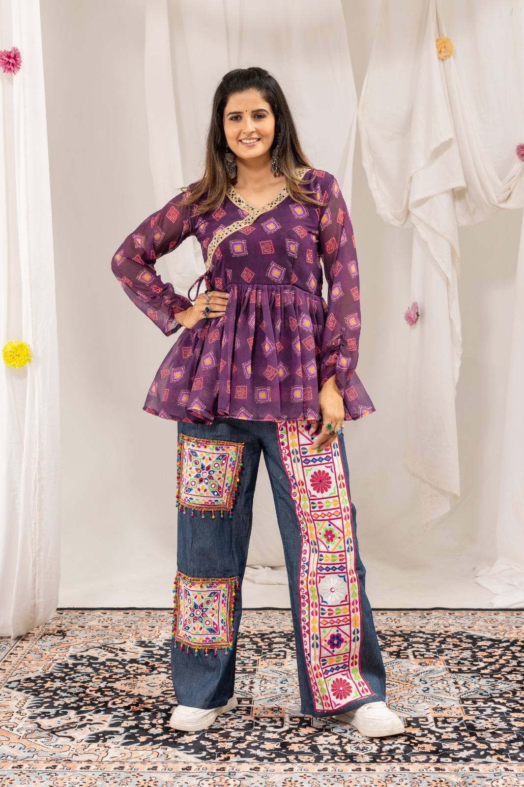 Designer Kediya Jeans Set with Real Mirror & Ghughari Lace Work
