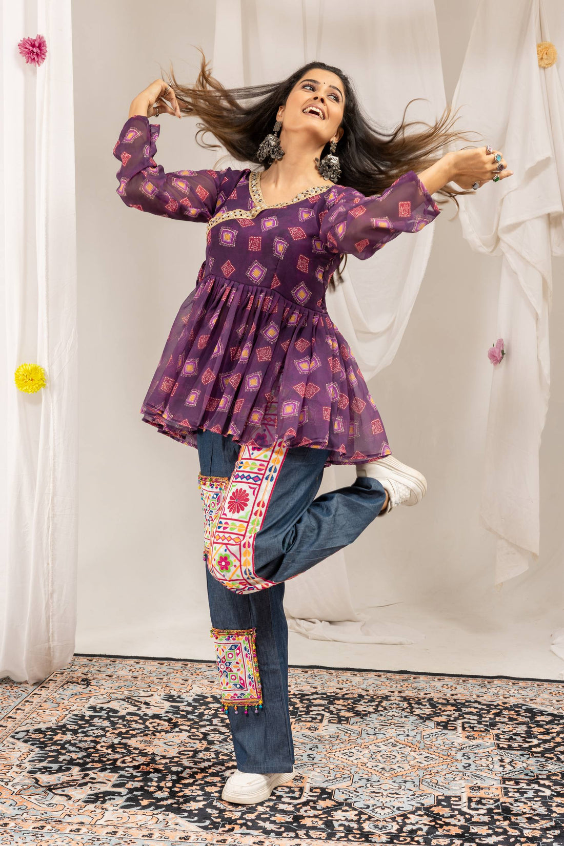 Designer Kediya Jeans Set with Real Mirror & Ghughari Lace Work