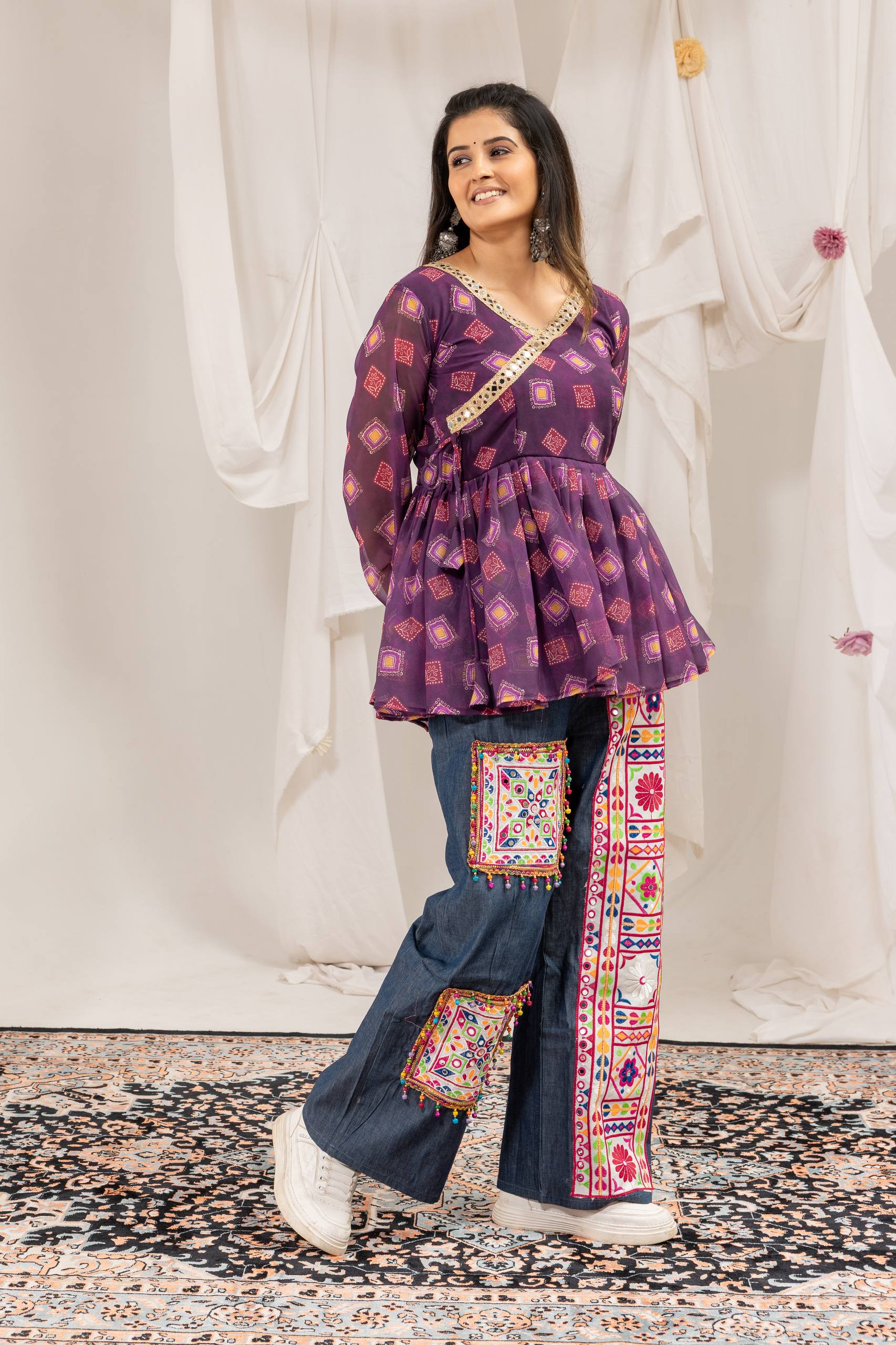 Designer Kediya Jeans Set with Real Mirror & Ghughari Lace Work