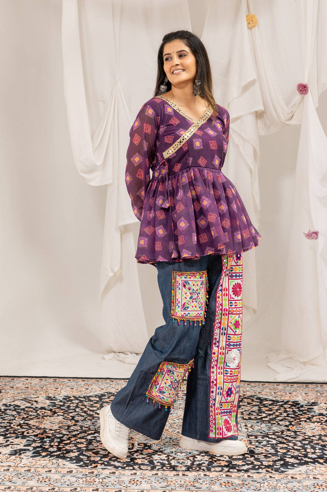 Designer Kediya Jeans Set with Real Mirror & Ghughari Lace Work