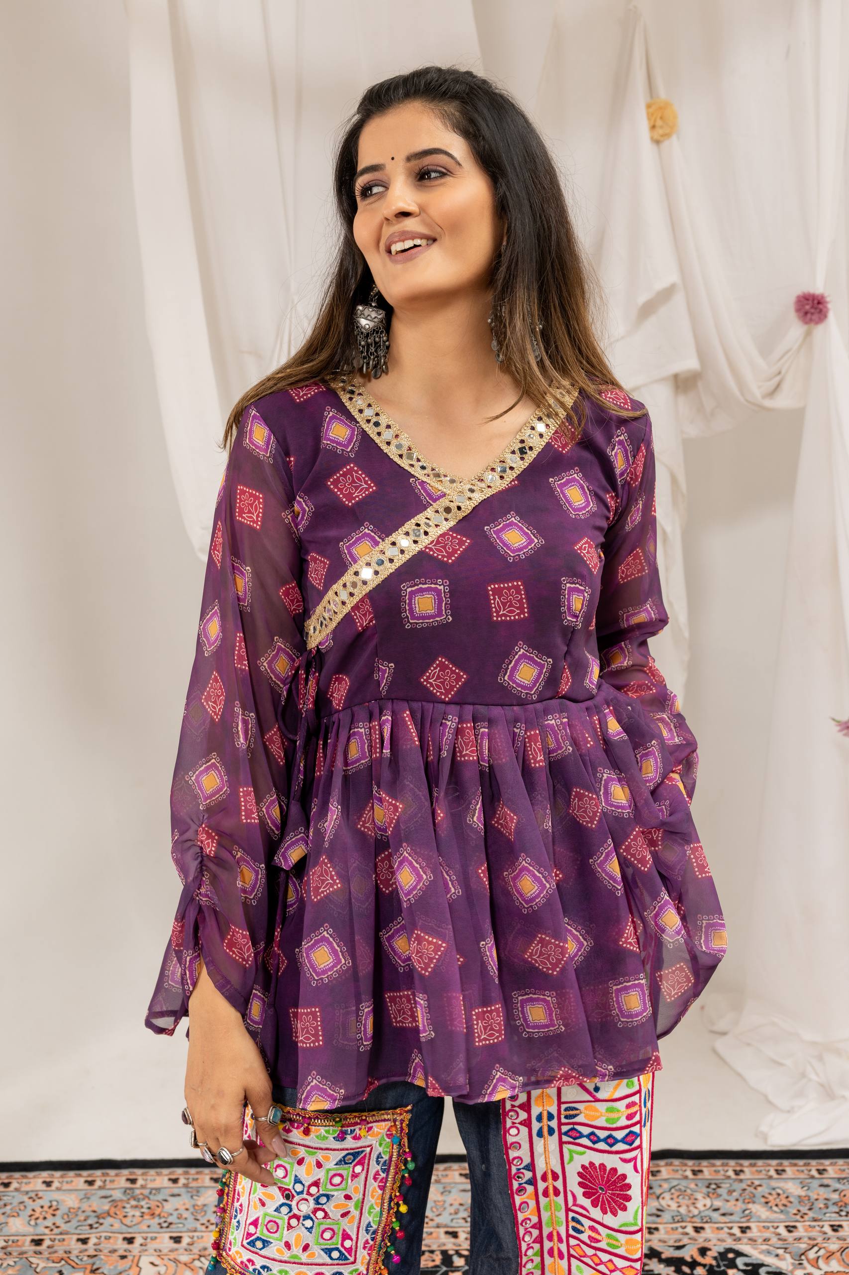 Designer Kediya Jeans Set with Real Mirror & Ghughari Lace Work