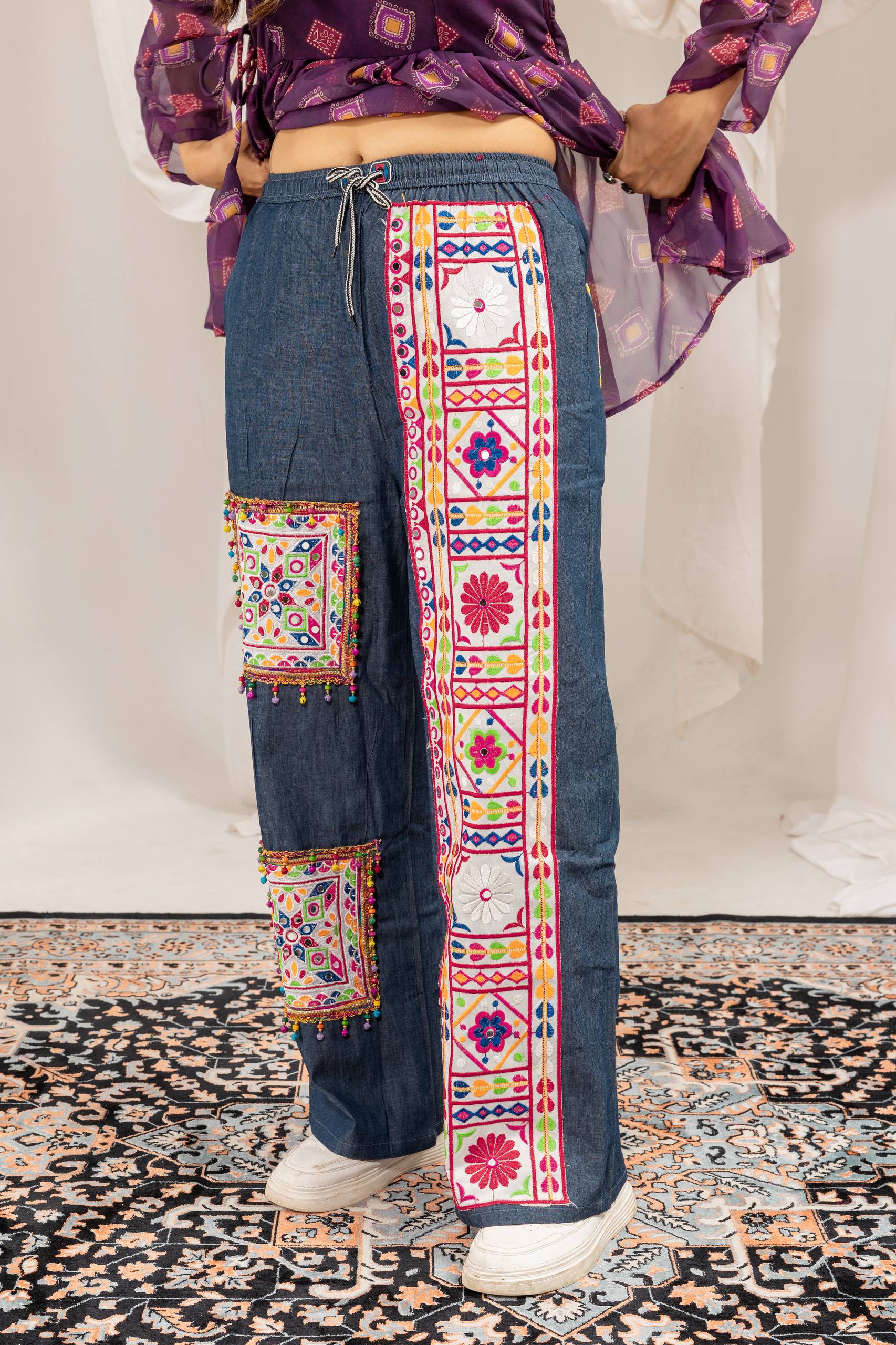 Designer Kediya Jeans Set with Real Mirror & Ghughari Lace Work