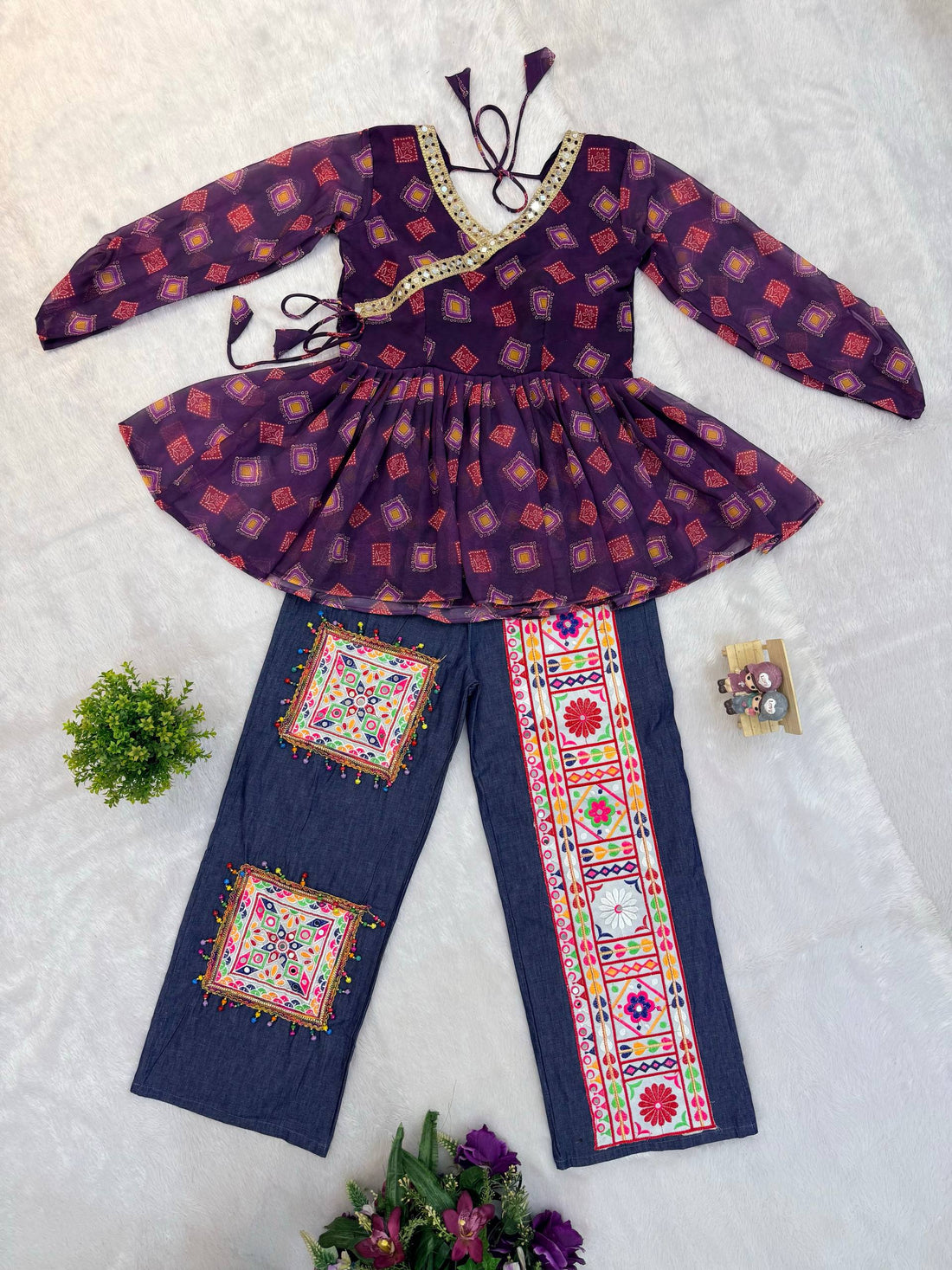 Designer Kediya Jeans Set with Real Mirror & Ghughari Lace Work
