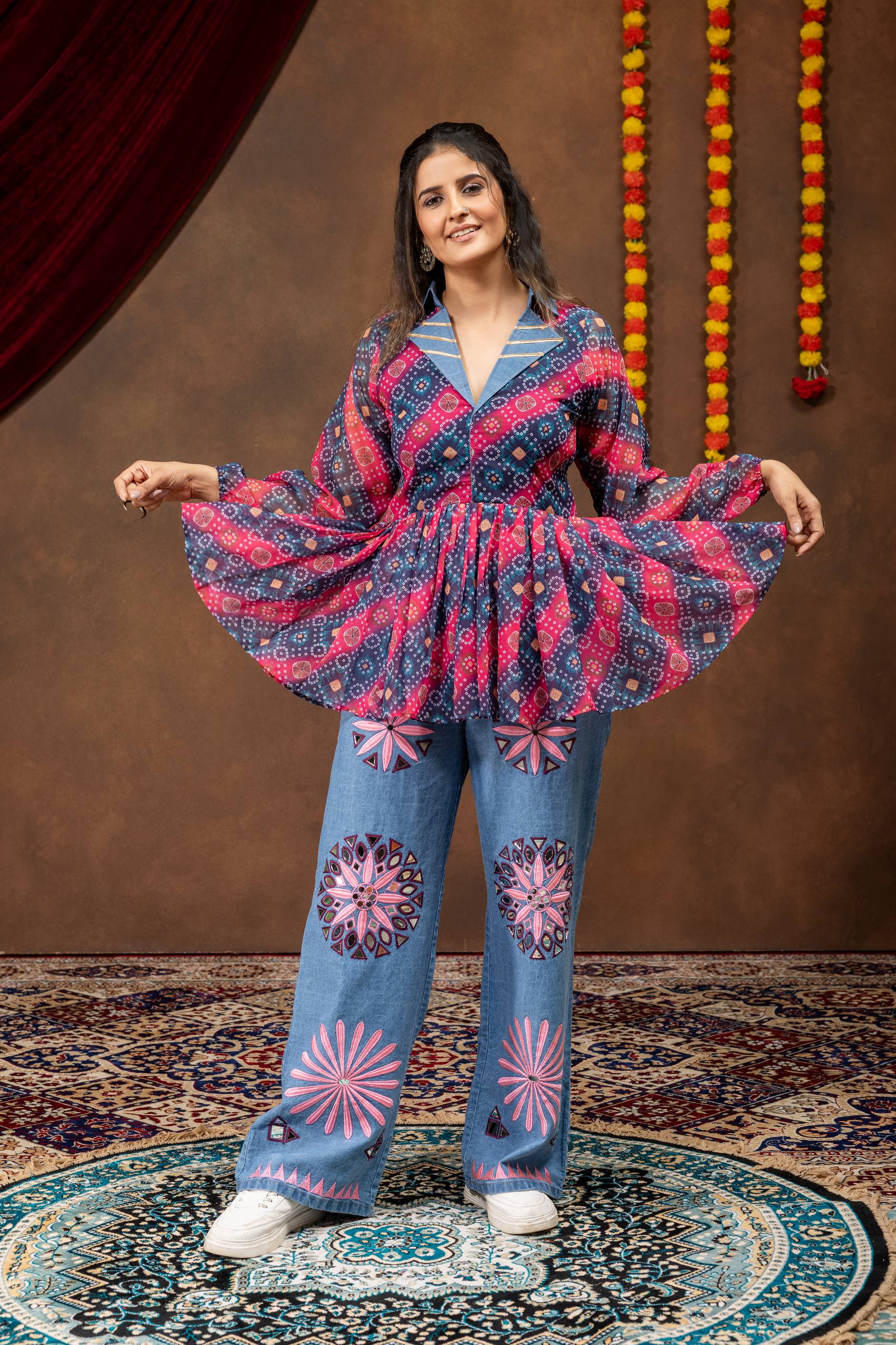 Women’s Printed Faux Georgette Kediya with Gota Lace & Embroidered High-Waist Denim Jeans