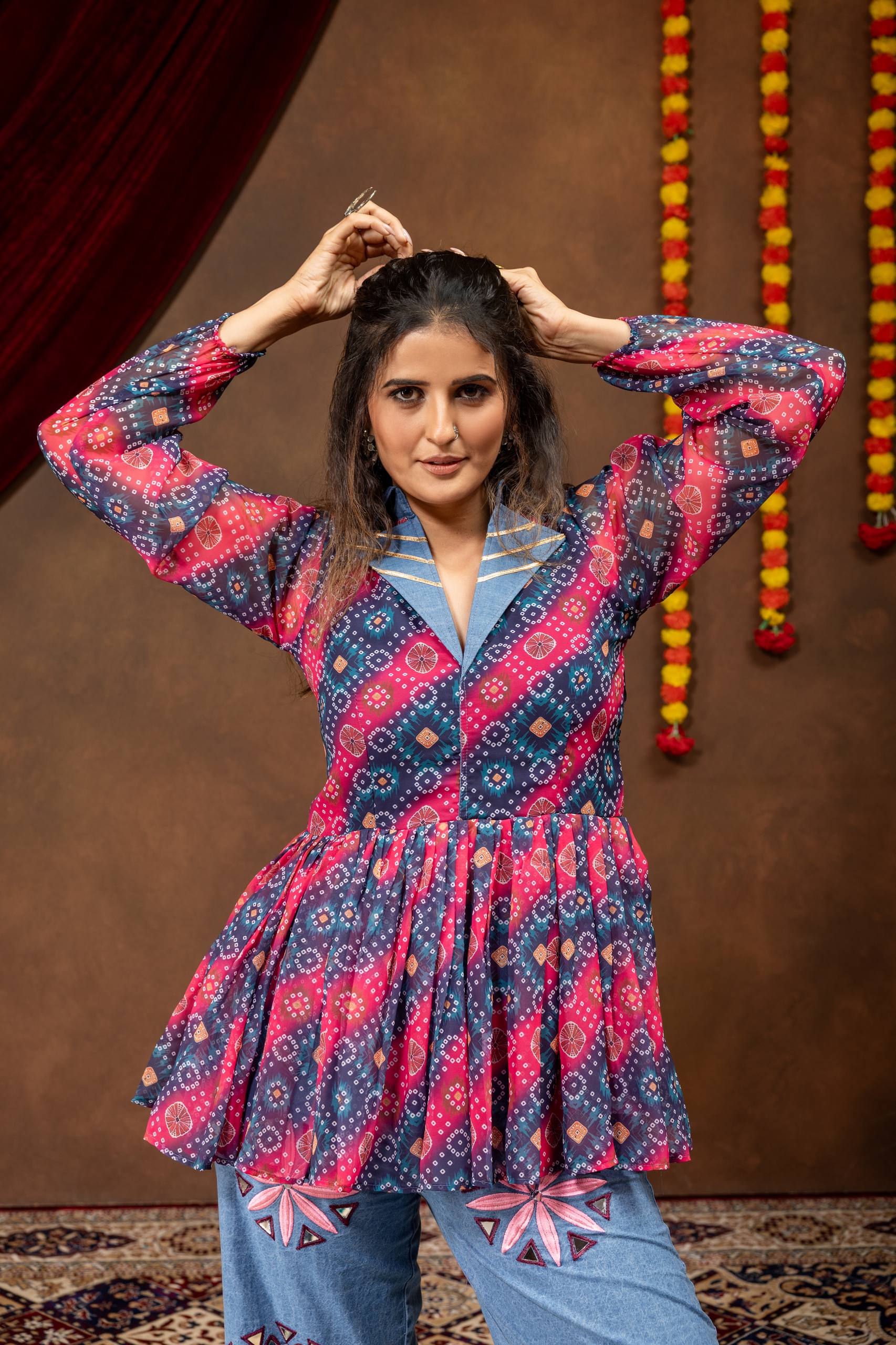 Women’s Printed Faux Georgette Kediya with Gota Lace & Embroidered High-Waist Denim Jeans