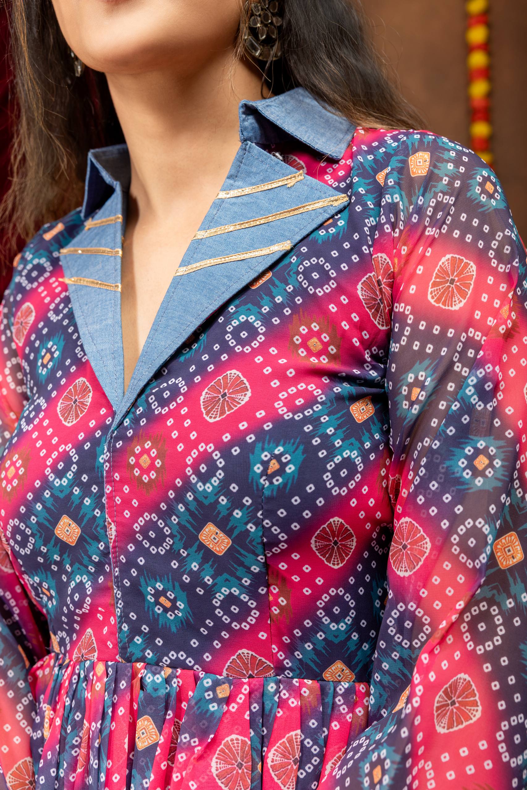 Women’s Printed Faux Georgette Kediya with Gota Lace & Embroidered High-Waist Denim Jeans