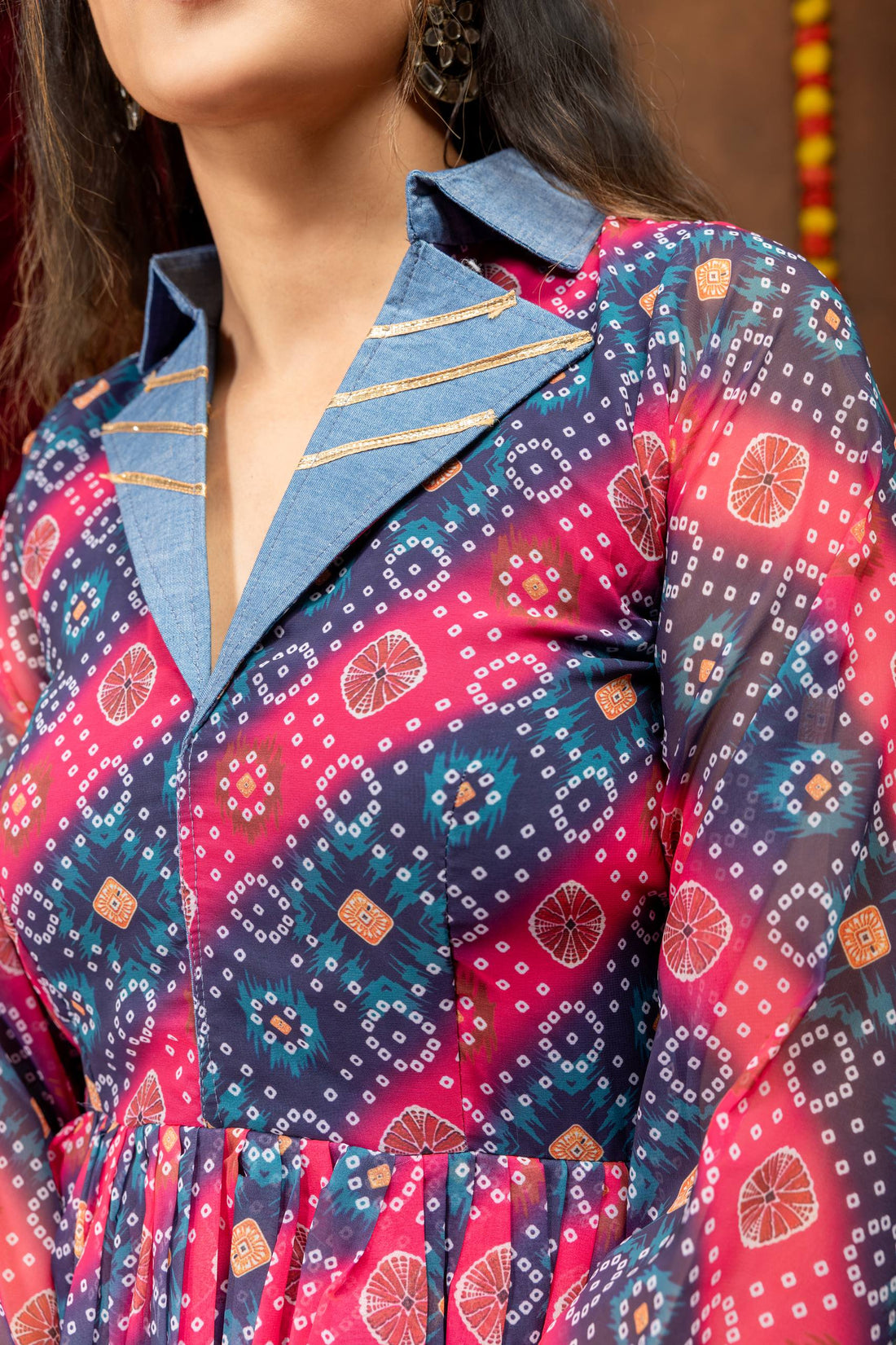 Women’s Printed Faux Georgette Kediya with Gota Lace & Embroidered High-Waist Denim Jeans