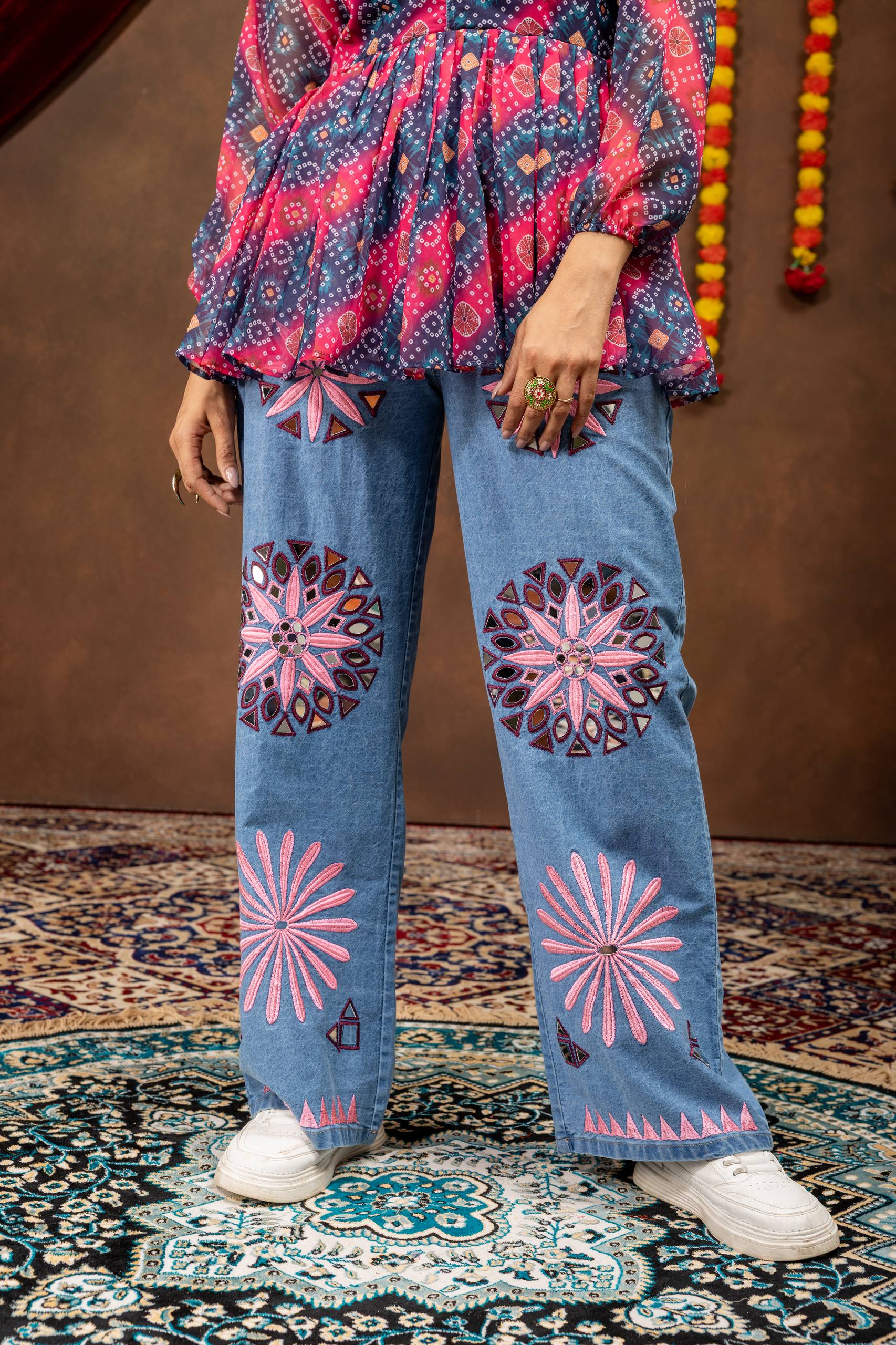 Women’s Printed Faux Georgette Kediya with Gota Lace & Embroidered High-Waist Denim Jeans